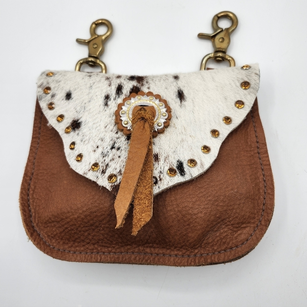 Brown and White Cow Hide Leather Saddle Bag Brass Hardwear